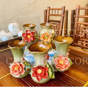 Bình Hoa Gốm Sứ Bát Tràng Đắp Nổi Mini Cao 17cm Lọ Cắm Hoa Decor Để Bàn Làm Việc Xinh CHIPCHIPDECOR
