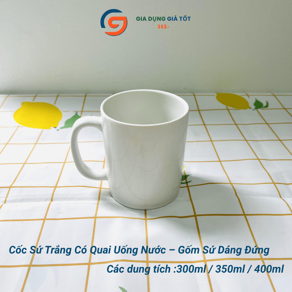Cốc sứ có quai uống nước 300ml 350ml 400ml, ly sứ dáng cao dày đẹp, dùng tại nhà văn phòng