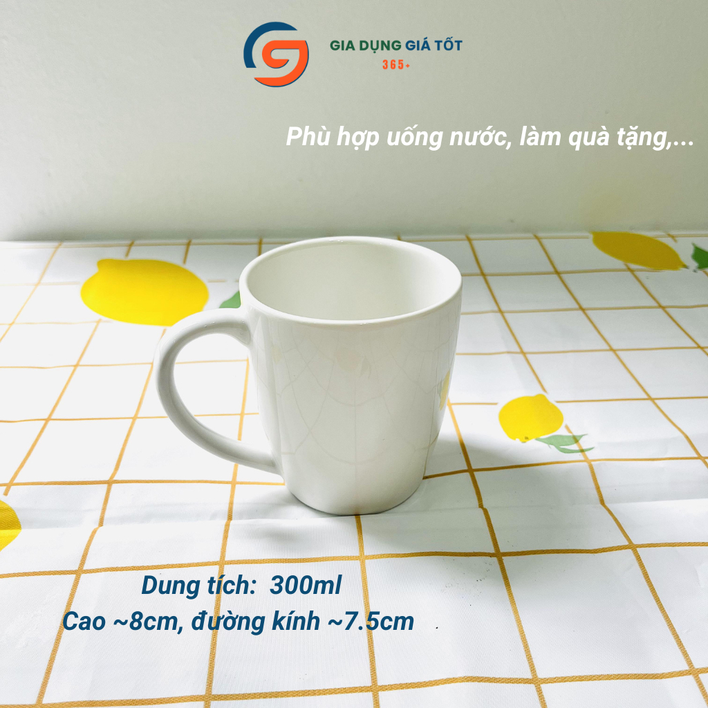 Cốc sứ có quai uống nước 300ml 350ml 400ml, ly sứ dáng cao dày đẹp, dùng tại nhà văn phòng