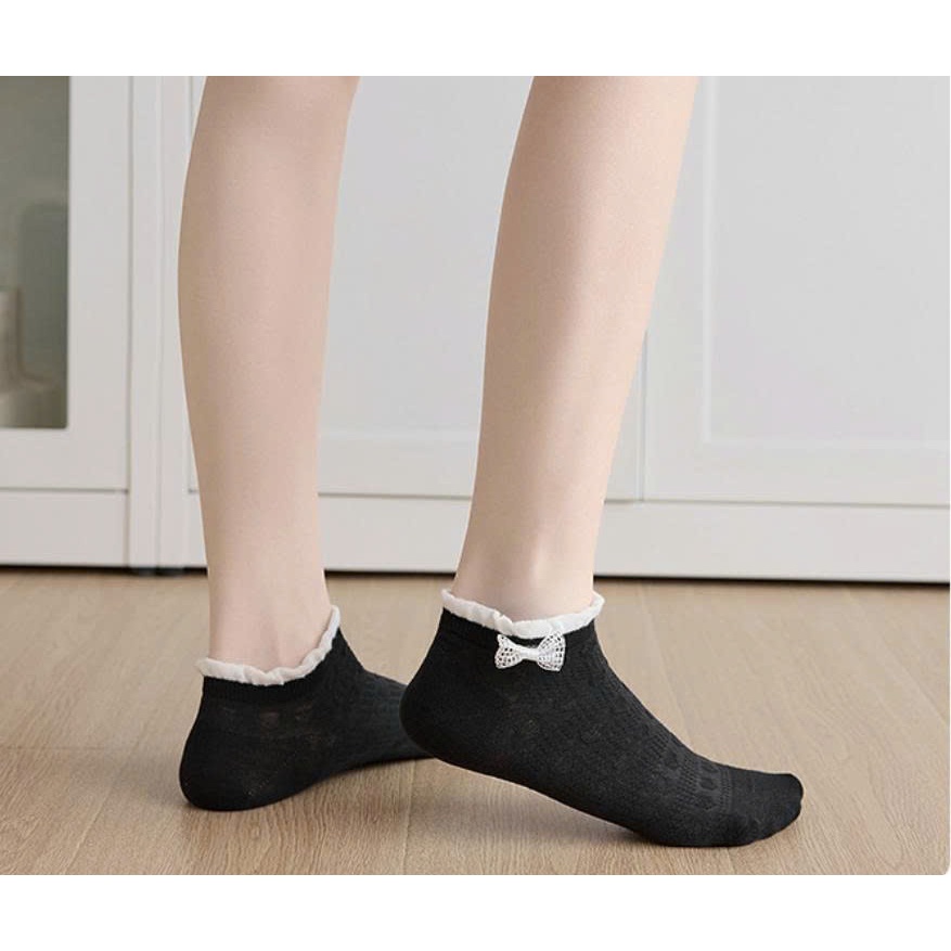 Vớ Tất nữ thêu nổi hình Nơ lớn cổ ngắn siêu dễ thương, xinh xắn