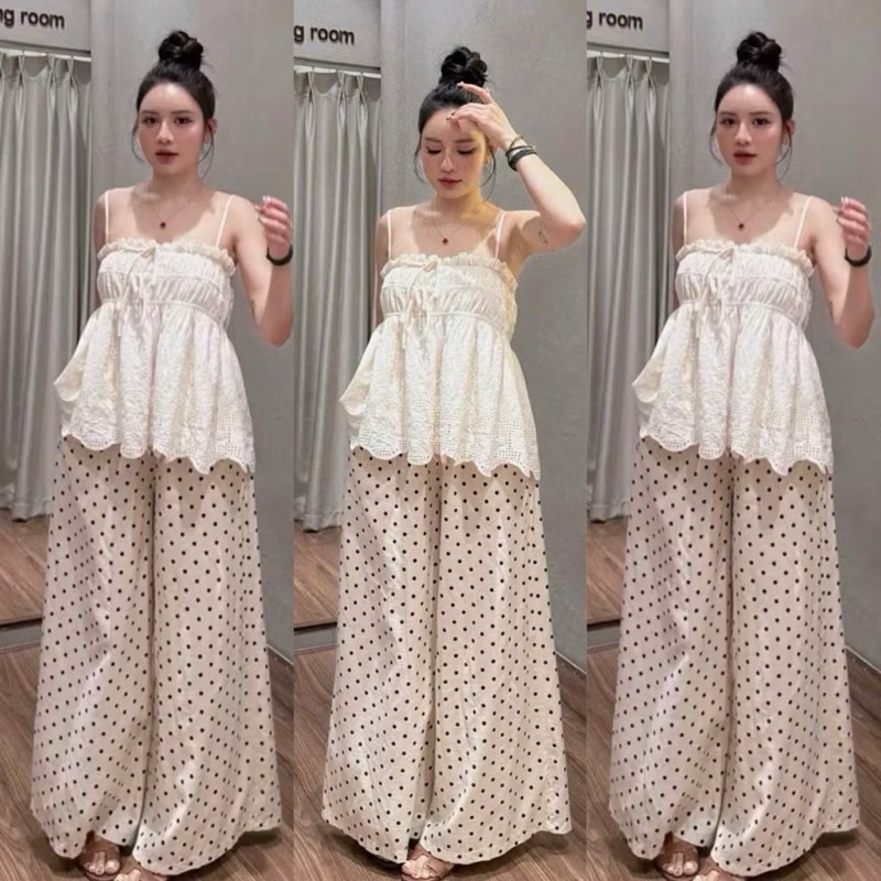 L402- (Hoả tốc ) Sét Áo 2 dây  Chun Lưng Đính Nơ Dáng BabyDoll Phối Quần Đũi Suông Chấm Bi dài suông rộng (40-58kg)