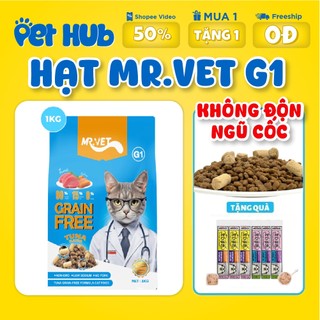Hạt MR VET G1 Thức Ăn Dạng Hạt MrVet Cho Mèo Gói 1kg hương cá ngừ không chứa ngũ cốc mix topping thịt sấy