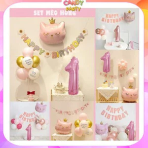 Set bóng bay trang trí sinh nhật cho bé gái tuổi mèo màu hồng siêu dễ thương ĐG100