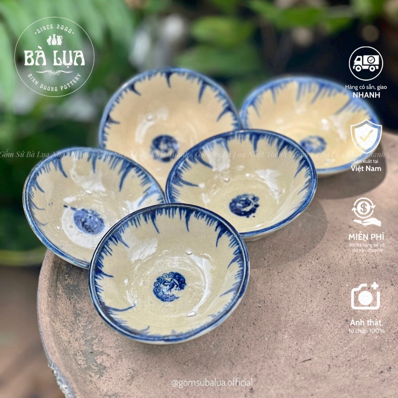 [Set 5 cái] Chén chấm 9cm phết xanh kiểu xưa, chén trứng nướng, chén tép, bánh bèo chén,…hàng thủ công truyền thống