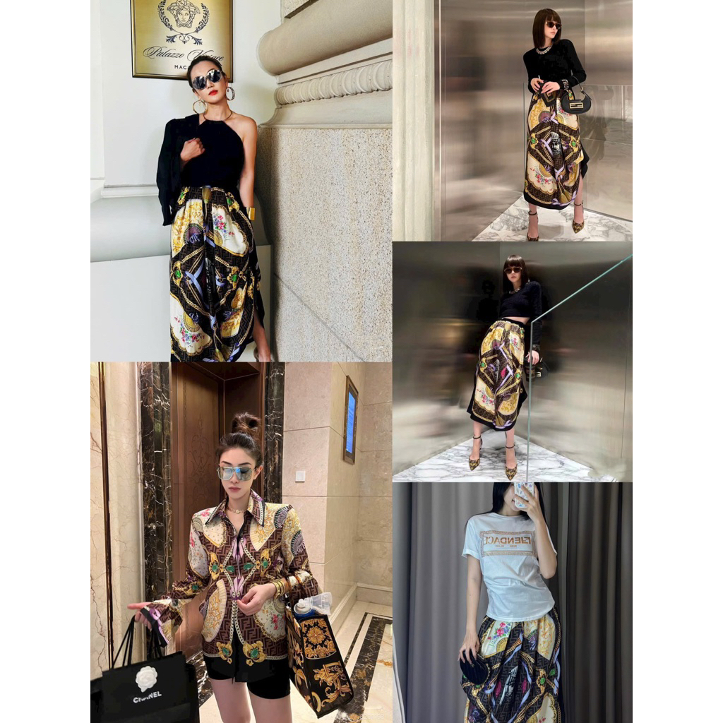 set áo kiểu nhún và váy lụa Versace nâu hồng