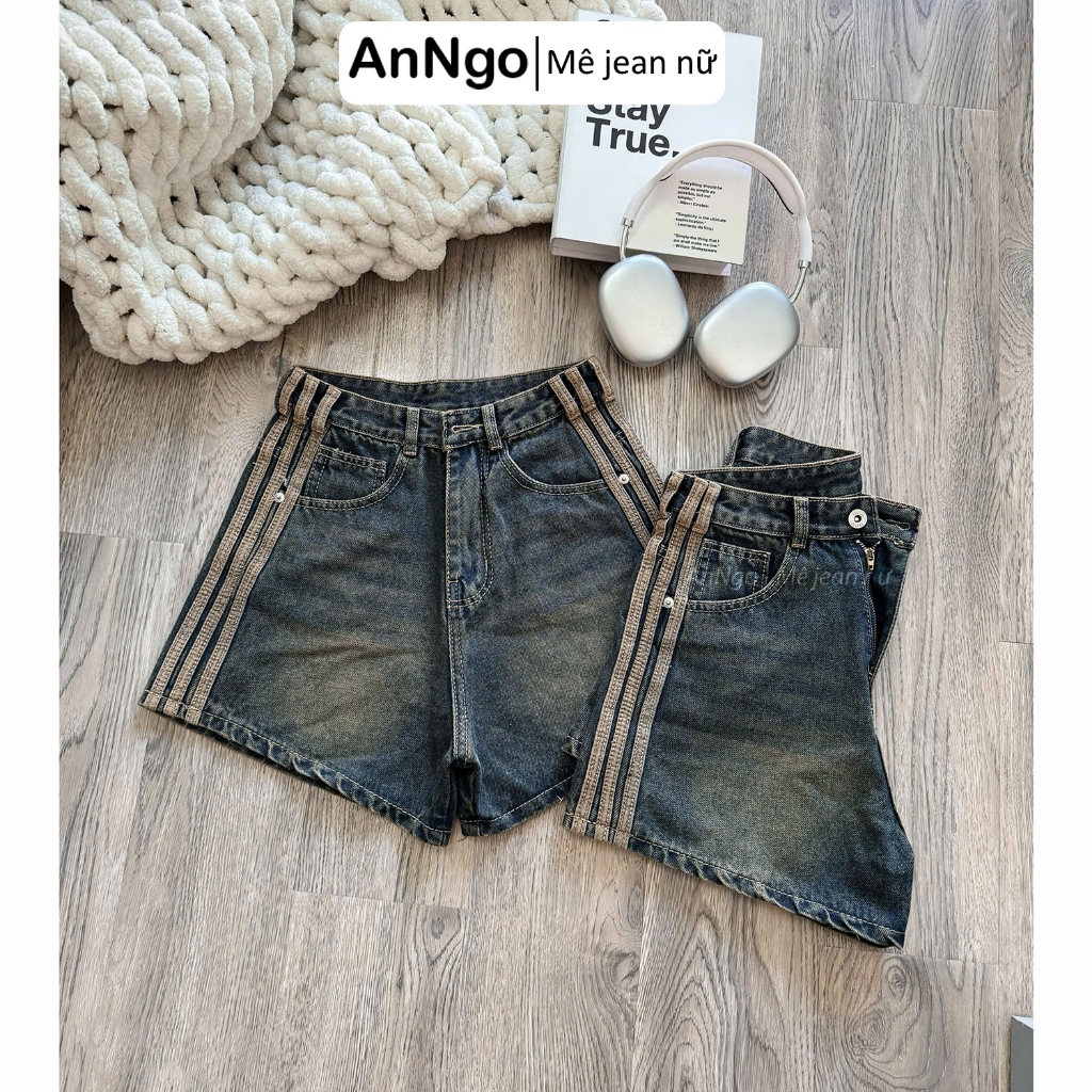 Quần short jean nữ lưng cao, ống rộng không giãn, phối sọc cá tính Anngo -  AT520
