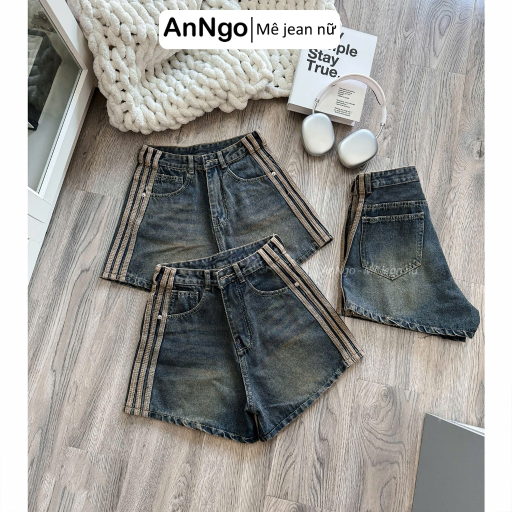 Quần short jean nữ lưng cao, ống rộng không giãn, phối sọc cá tính Anngo -  AT520