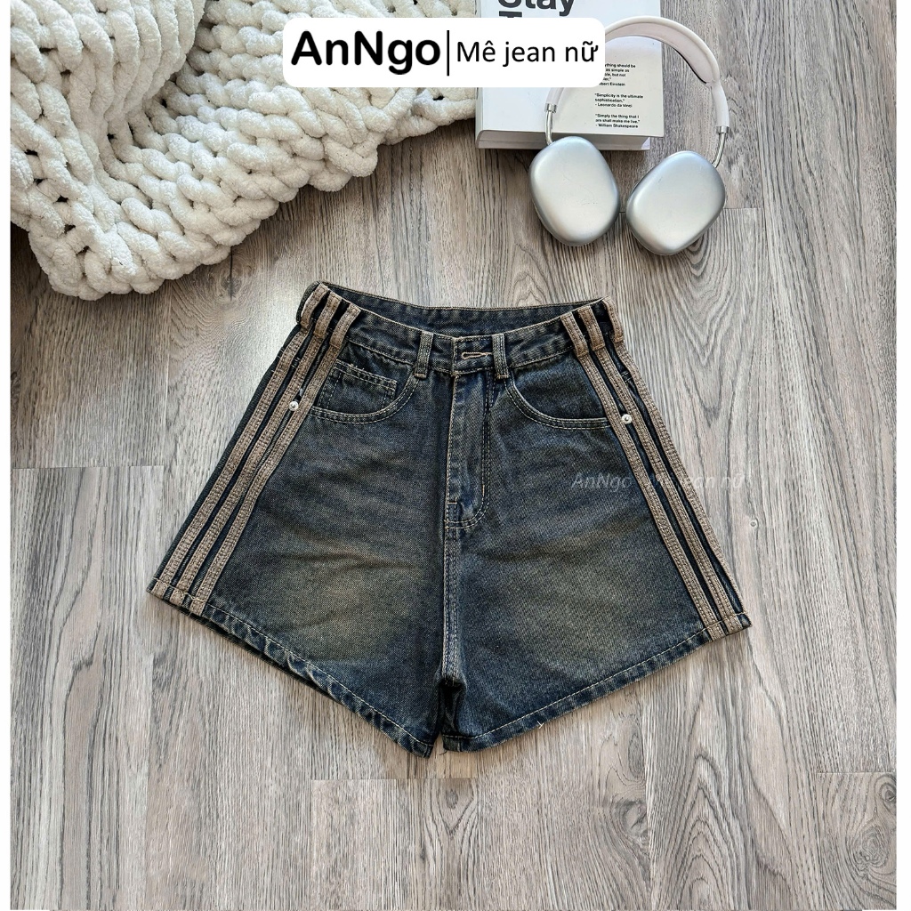 Quần short jean nữ lưng cao, ống rộng không giãn, phối sọc cá tính Anngo -  AT520