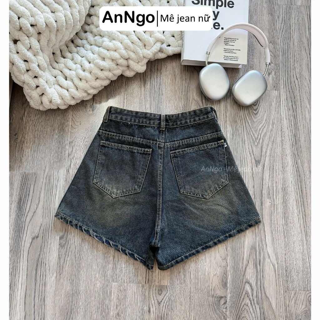 Quần short jean nữ lưng cao, ống rộng không giãn, phối sọc cá tính Anngo -  AT520