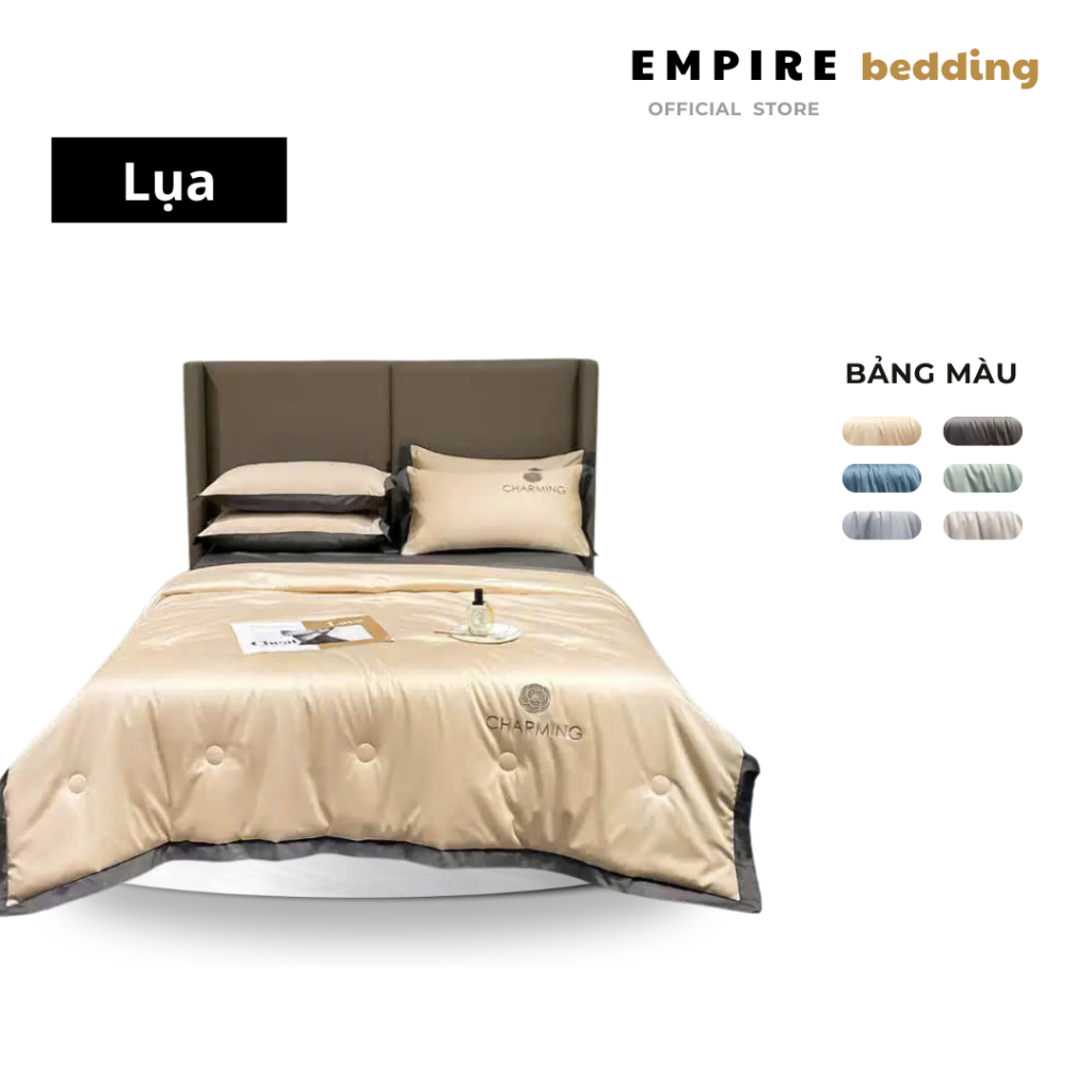 Bộ chăn ga gối đệm 4 món phi lụa Charming EMPIRE cao cấp thoáng mát chăn chần lông vũ mềm mại