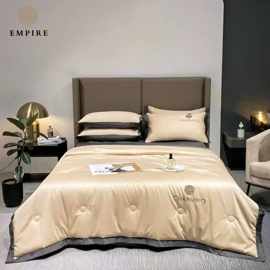 Bộ chăn ga gối đệm 4 món phi lụa Charming EMPIRE cao cấp thoáng mát chăn chần lông vũ mềm mại