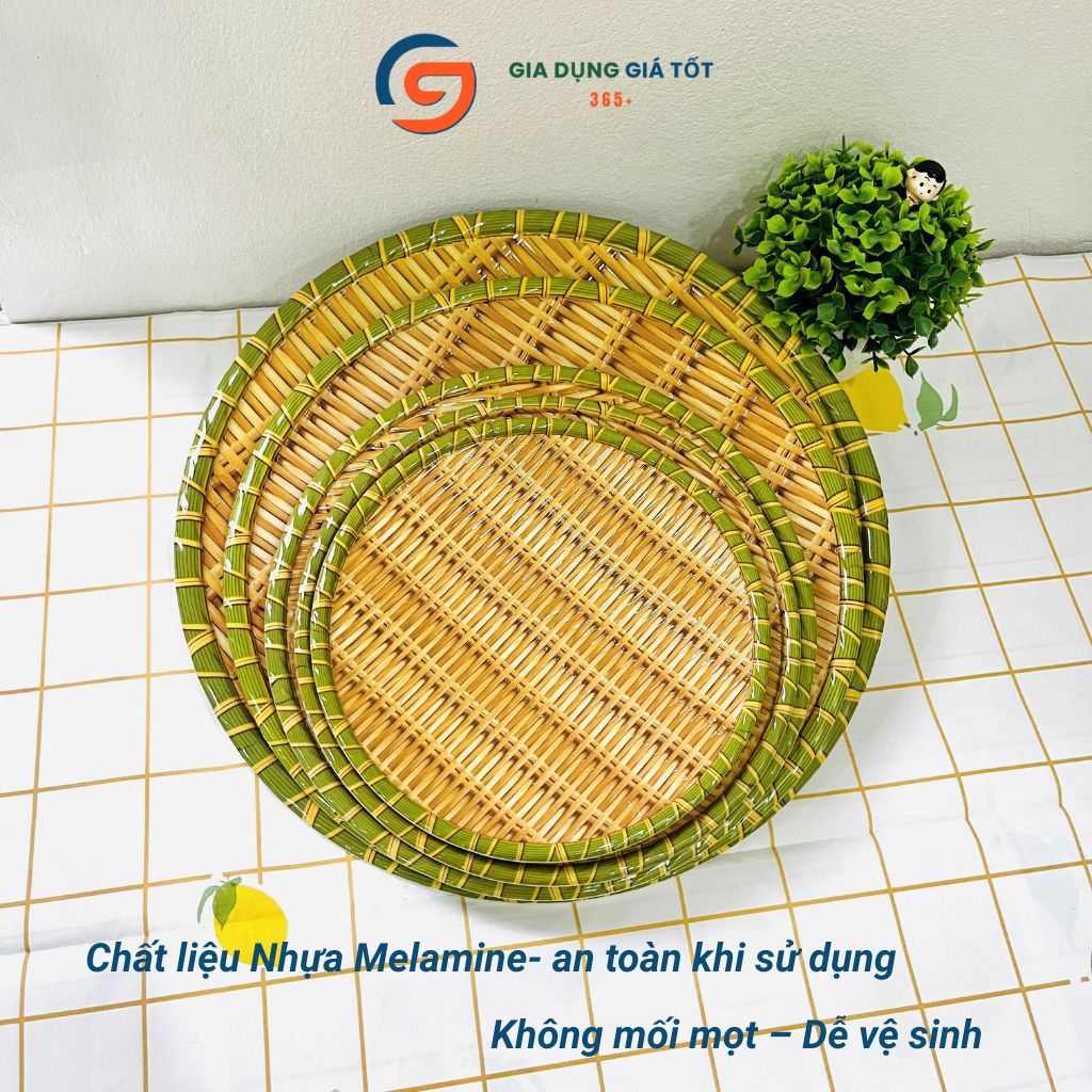 Mẹt nhựa giả mây tre đựng đồ ăn, đĩa nhựa tròn dùng bún đậu, nem nướng - nhiều kích cỡ lựa chọn