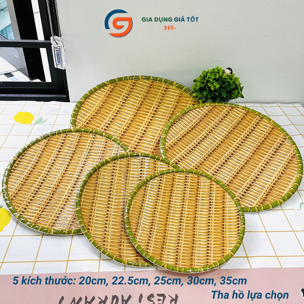 Mẹt nhựa giả mây tre đựng đồ ăn, đĩa nhựa tròn dùng bún đậu, nem nướng - nhiều kích cỡ lựa chọn