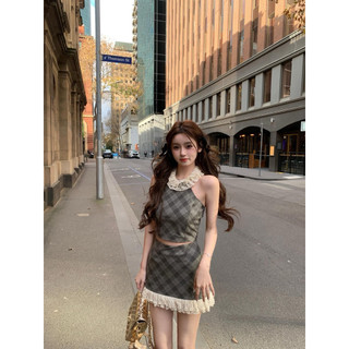 Set áo áo croptop hở lưng kết hợp chân váy chữ A hoạ tiết kẻ caro tôn dáng phong cách tiểu thư