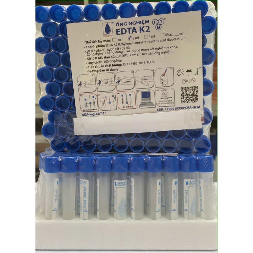 Vĩ 100 Ống Nghiệm xanh EDTA,Ống nghiệm Edta K2 HTM 2ml (nắp xanh dương, mous thấp)