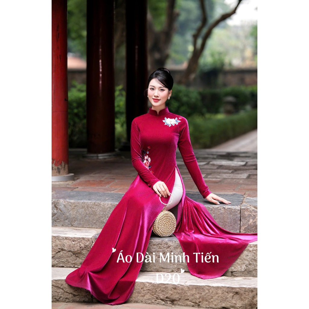 Áo Dài Chất Liệu Nhung The Cao Cấp - Hàng May Và Thêu Thủ Công Tỉ Mỉ Từng Áo - Mã D20 Màu Hồng