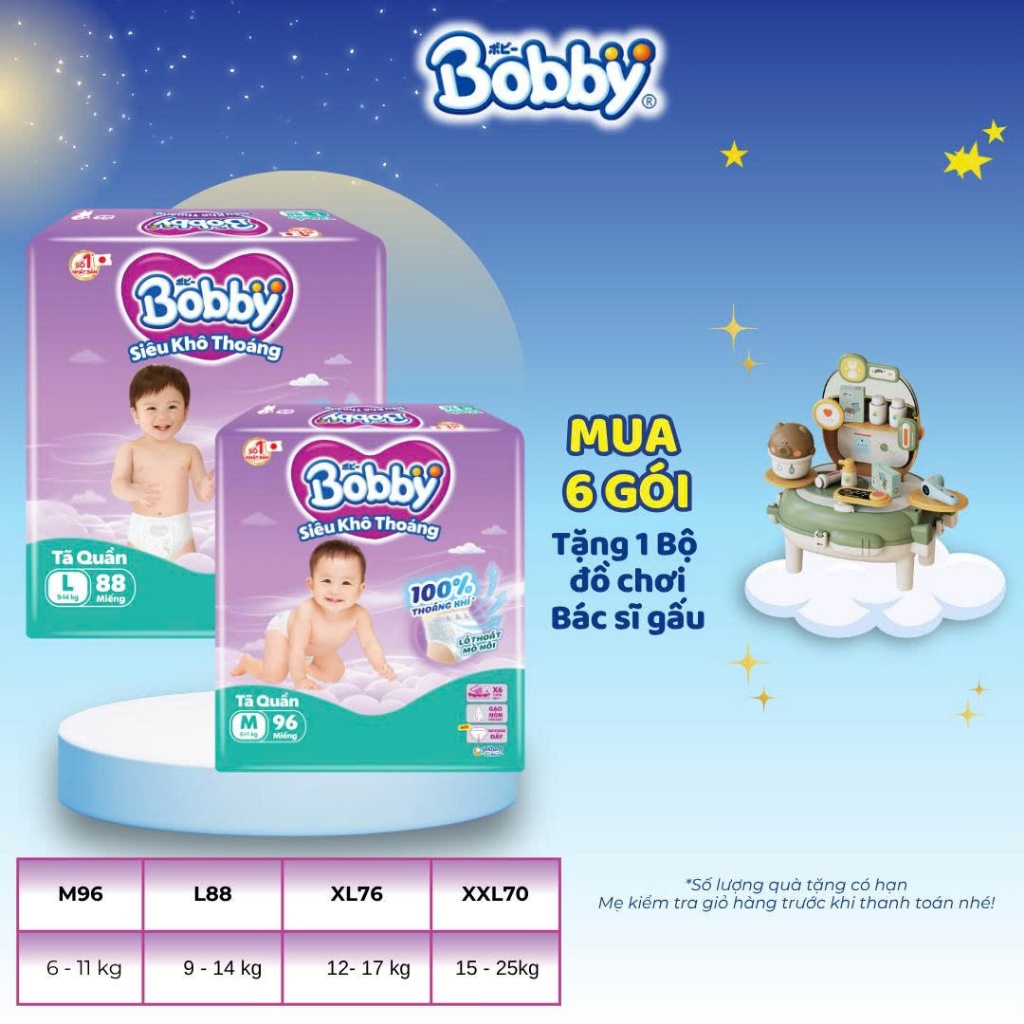 Hot: combo 2bịch Bobby Siêu Khô Thoáng/Utral giao ngẫu nhiên size M96/ L88/ XL74/ XXL68miếng