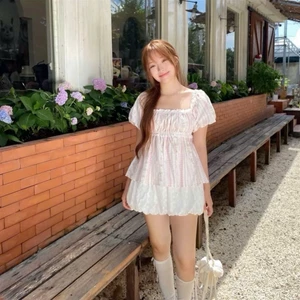 Áo babydoll nhún ngực phối ren bôi thêu tay bí Mira ୨୧ by Vintagevibes.