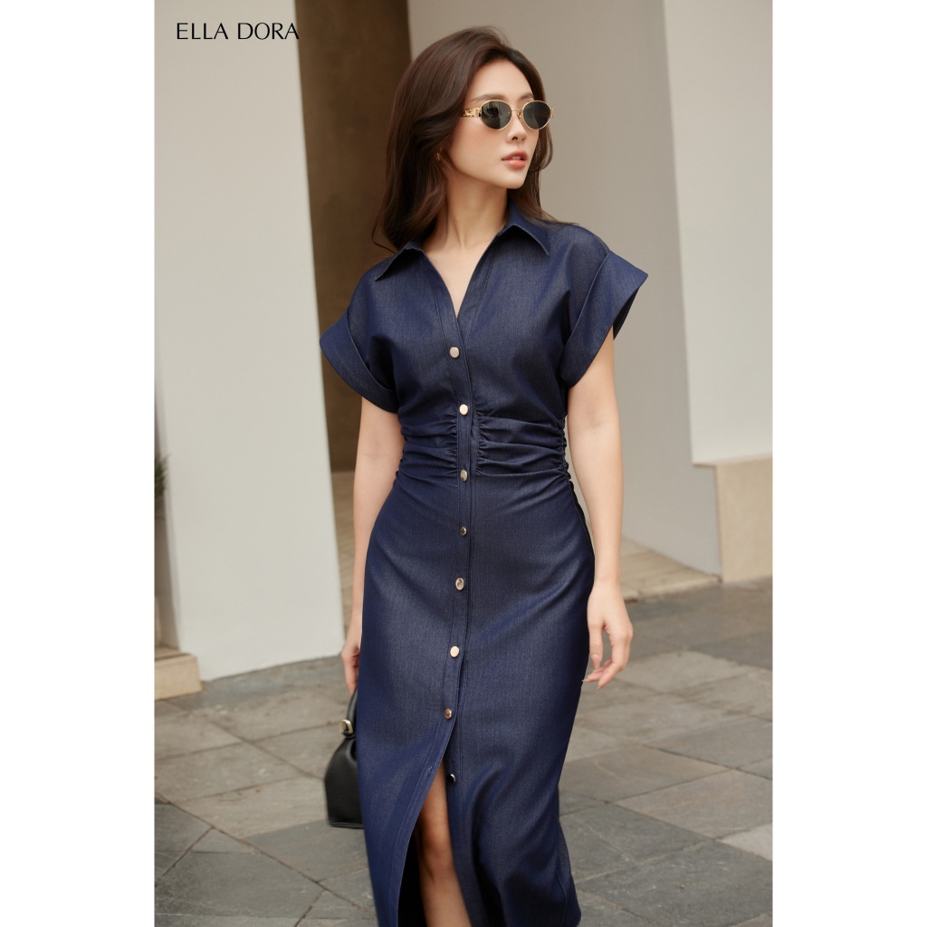Đầm Denim ELLA DORA thiết kế tôn dáng phong cách thanh lịch sang trọng màu XANH ĐẬM [D236]