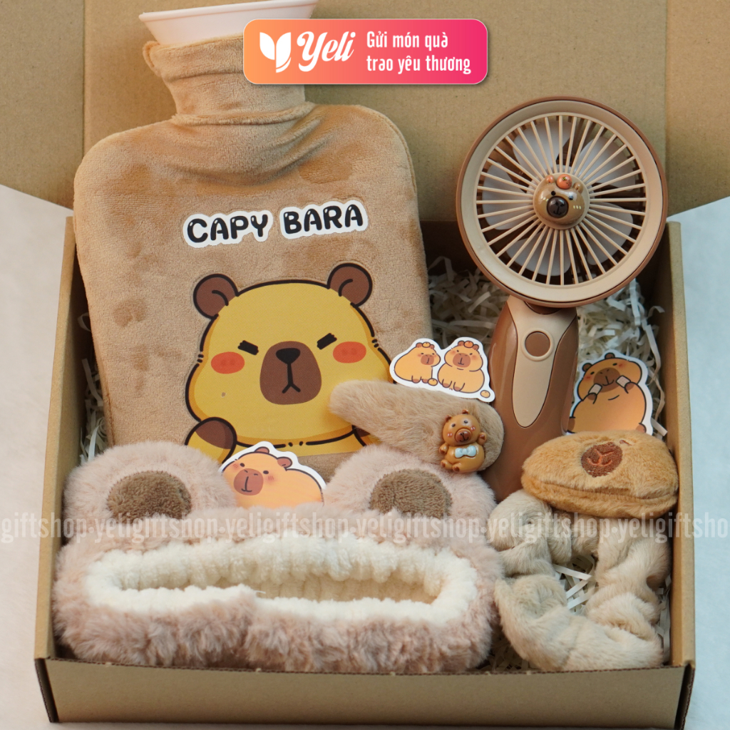 Hộp quà Túi Chườm Capybara tặng sinh nhật người yêu, bạn gái, Set quà túi chườm Capybara nhiều phụ kiện