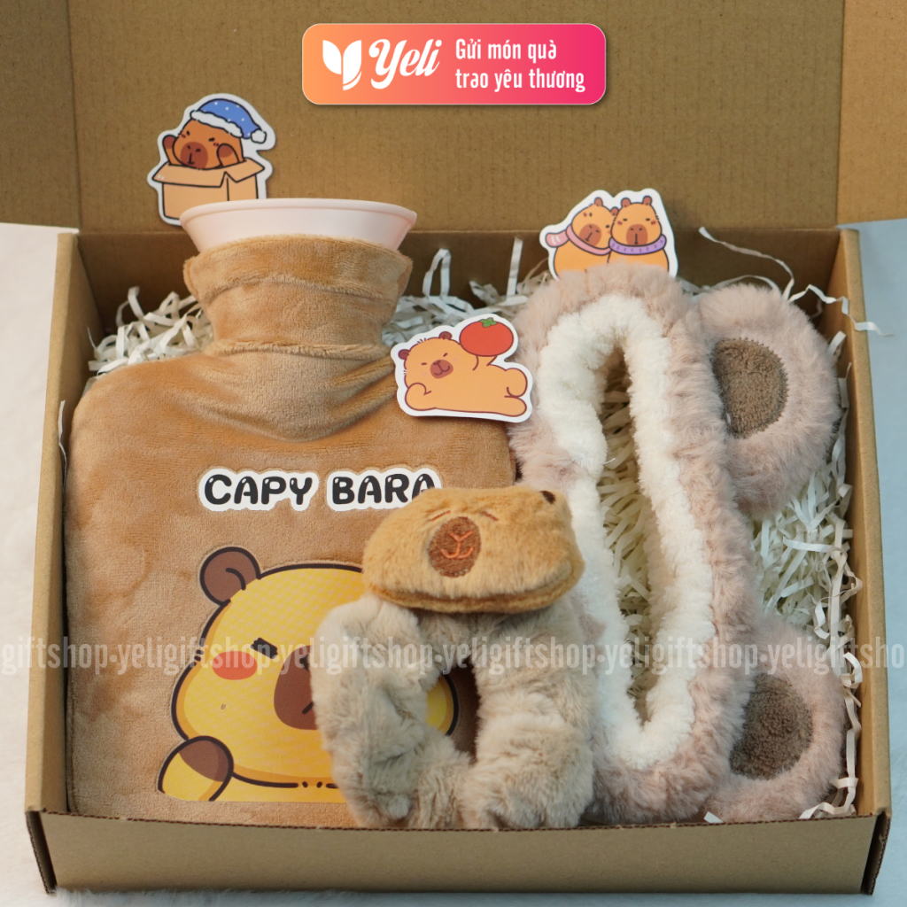 Hộp quà Túi Chườm Capybara tặng sinh nhật người yêu, bạn gái, Set quà túi chườm Capybara nhiều phụ kiện