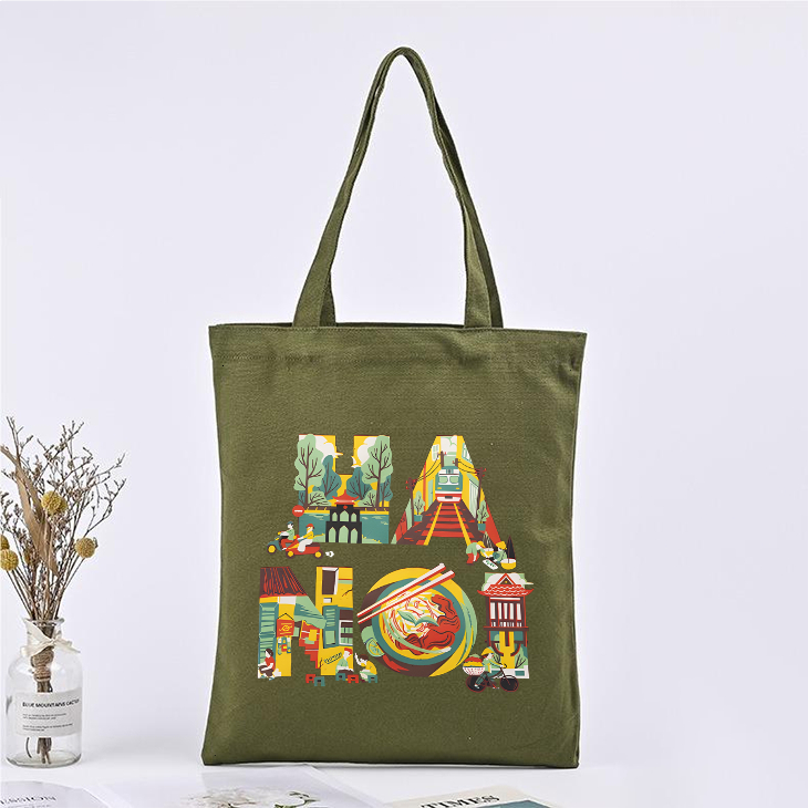 Túi Tote vải Canvas màu xanh matcha Việt Nam Tổi Yêu - túi vải xanh lá CÓ KHÓA KÉO thời trang DU LỊCH đựng đồ tuie01