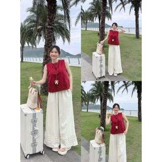 Set bộ thời trang nữ dễ thương chất Đũi vân mây áo cổ tròn không tay phối quần ống rộng mát mẻ thích hợp hàng ngày