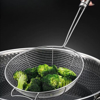 Vợt chiên inox cao cấp thức ăn 14-20cm cán inox có móc treo tiện lợi dạng lưới sáng bóng nhiều kích cỡ an toàn sức khỏe