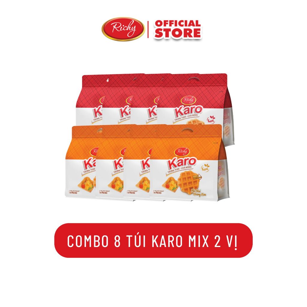 [TẶNG QUẠT ĐƠN TỪ 250K]  Combo 8 bịch Bánh Karo chà bông sợi gà, Bánh tươi, Bánh kẹo Richy, HSD 45 ngày - cân nhắ
