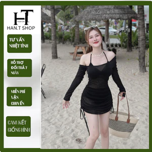 Bikini, Đồ Bơi đi biển 3 món bikini áo bra có mút kèm đầm thun giấy chuẩn hình HAN.T Shop HT004