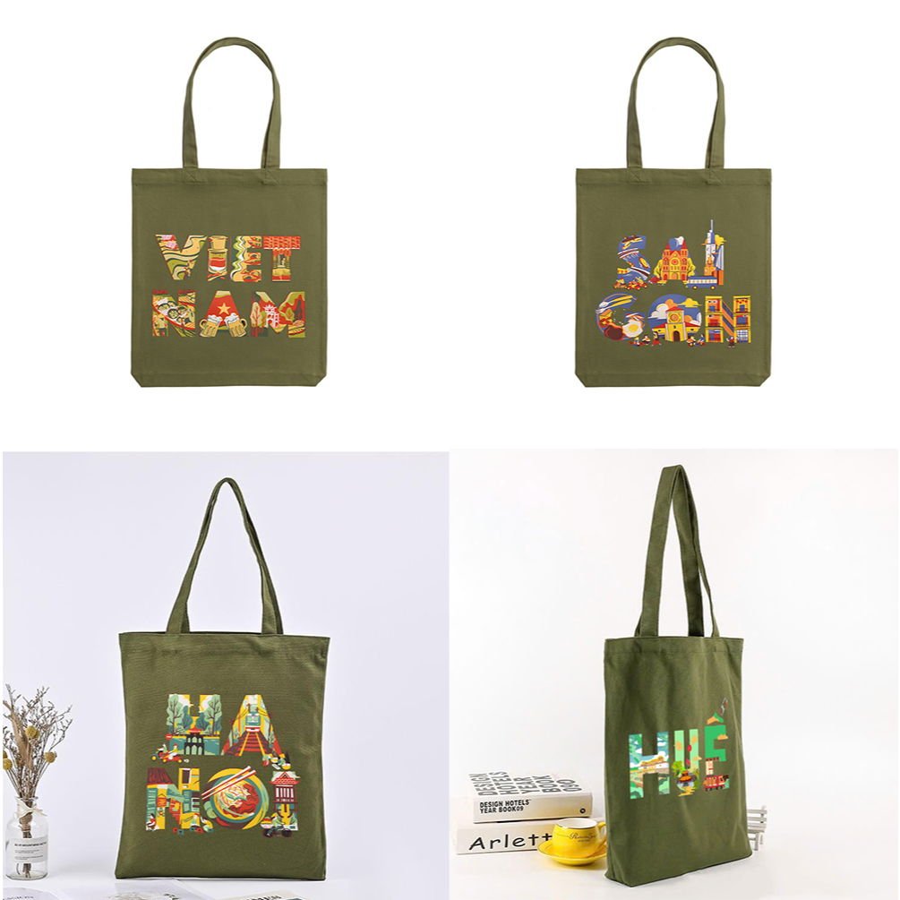 Túi Tote vải Canvas màu xanh matcha Việt Nam Tổi Yêu - túi vải xanh lá CÓ KHÓA KÉO thời trang DU LỊCH đựng đồ tuie01
