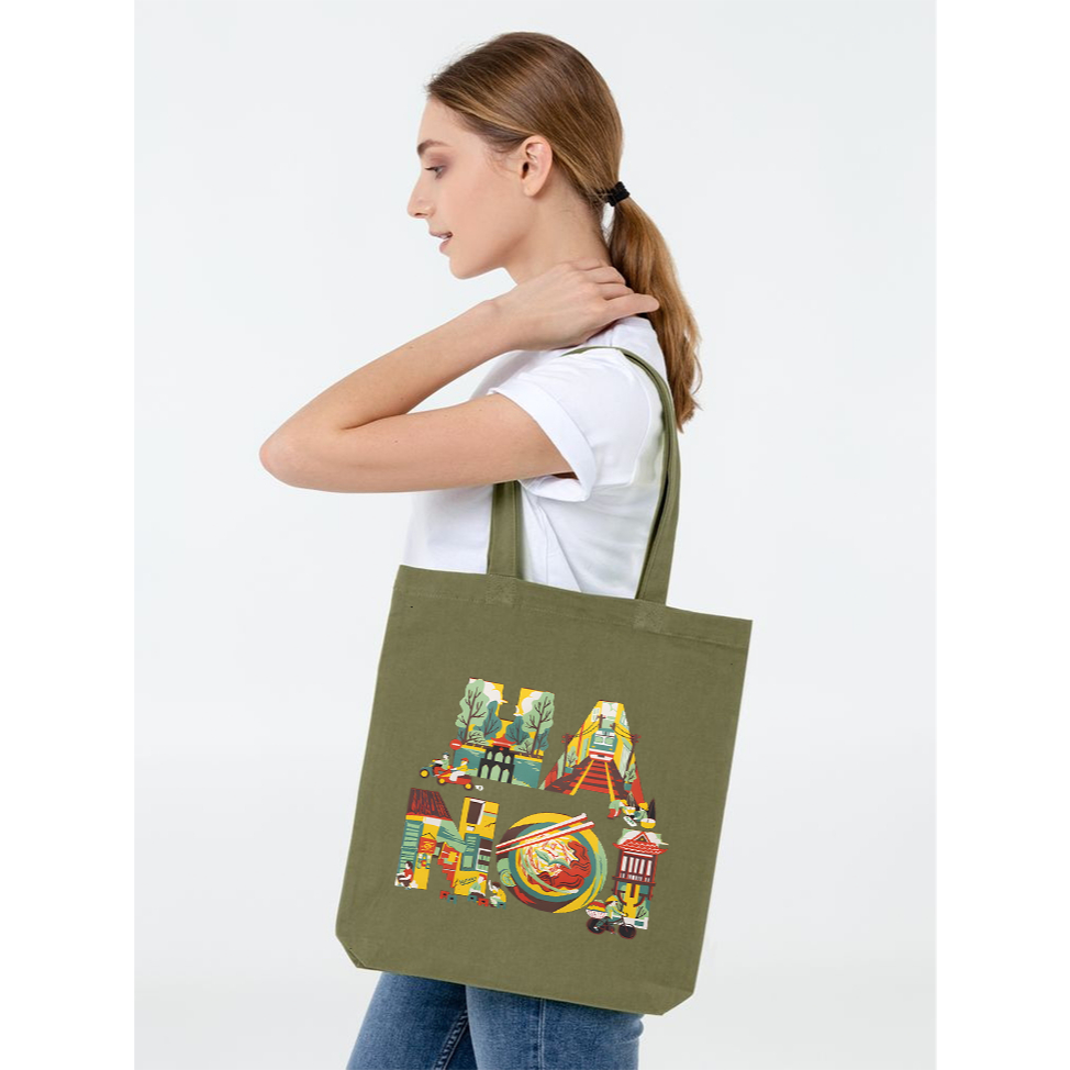 Túi Tote vải Canvas màu xanh matcha Việt Nam Tổi Yêu - túi vải xanh lá CÓ KHÓA KÉO thời trang DU LỊCH đựng đồ tuie01