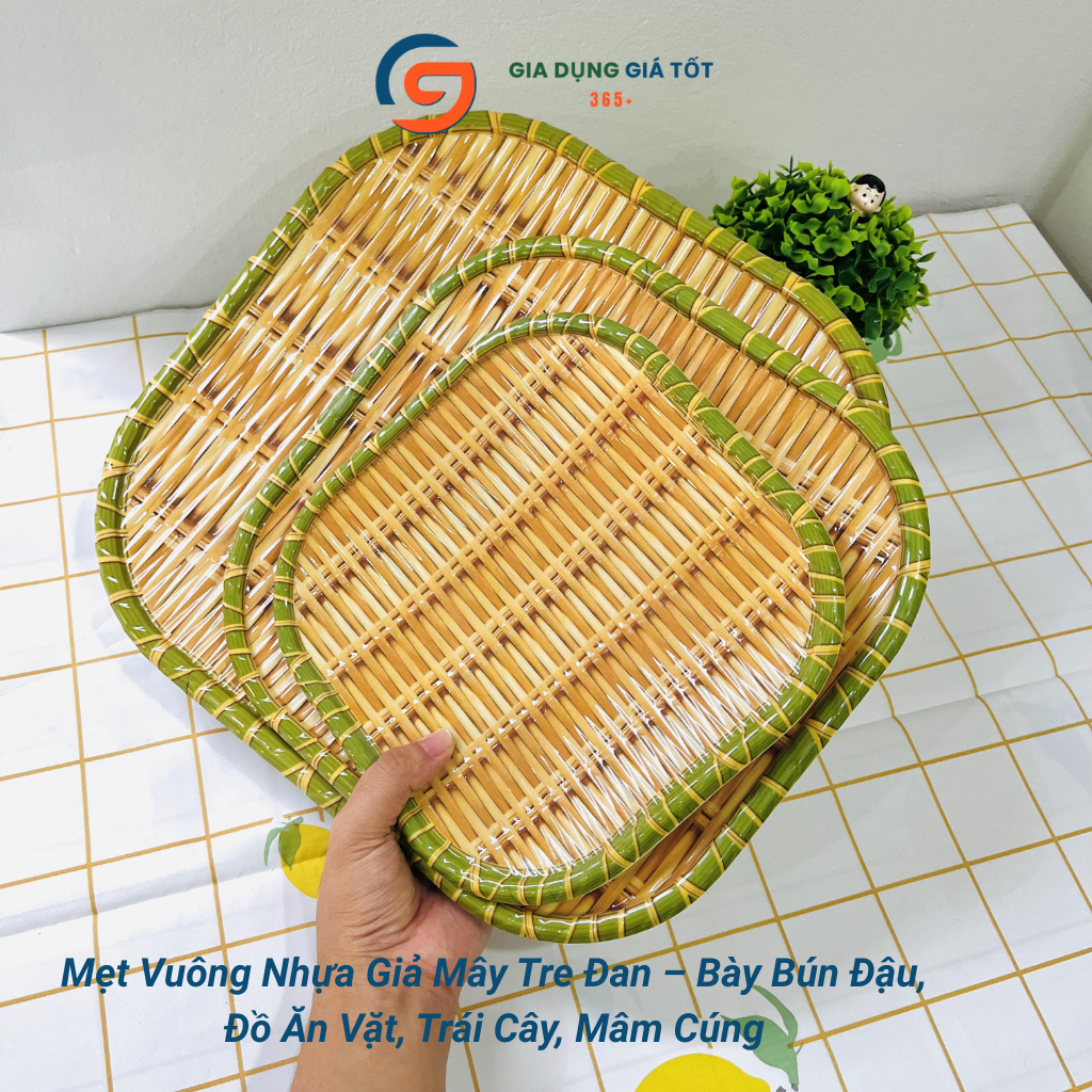 Mẹt nhựa giả mây tre đan, đĩa nhựa vuông đựng nem nướng, trái cây, đồ ăn vặt cho quán ăn và nhà hàng
