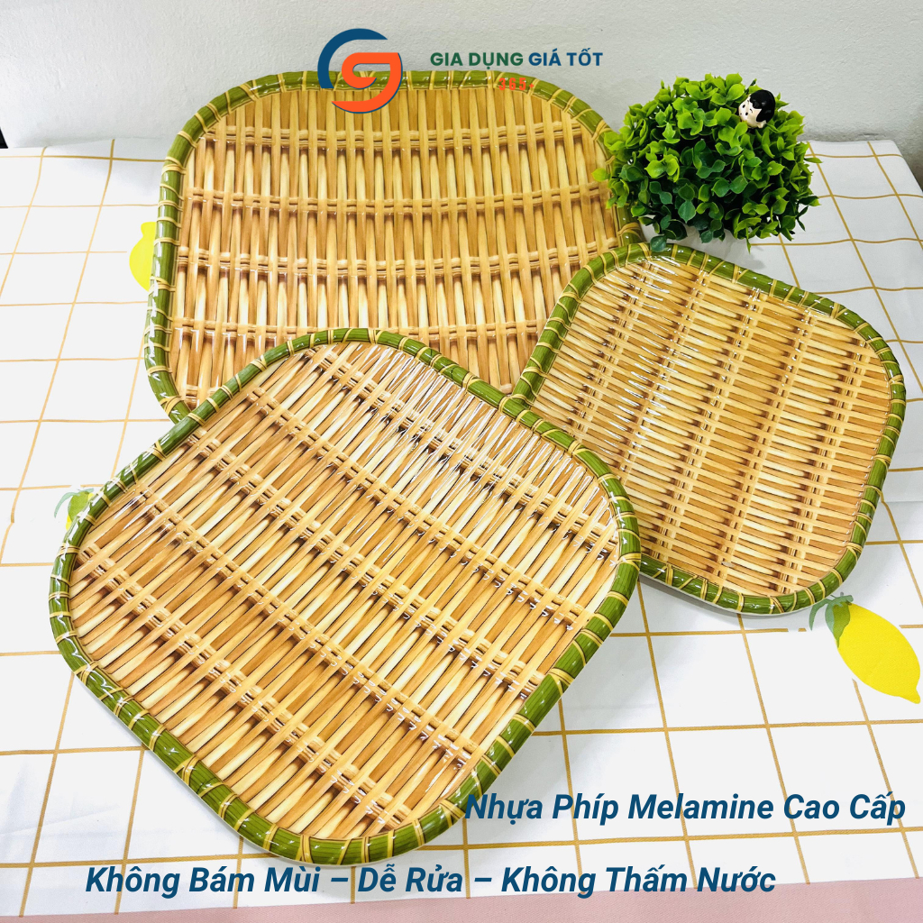 Mẹt nhựa giả mây tre đan, đĩa nhựa vuông đựng nem nướng, trái cây, đồ ăn vặt cho quán ăn và nhà hàng