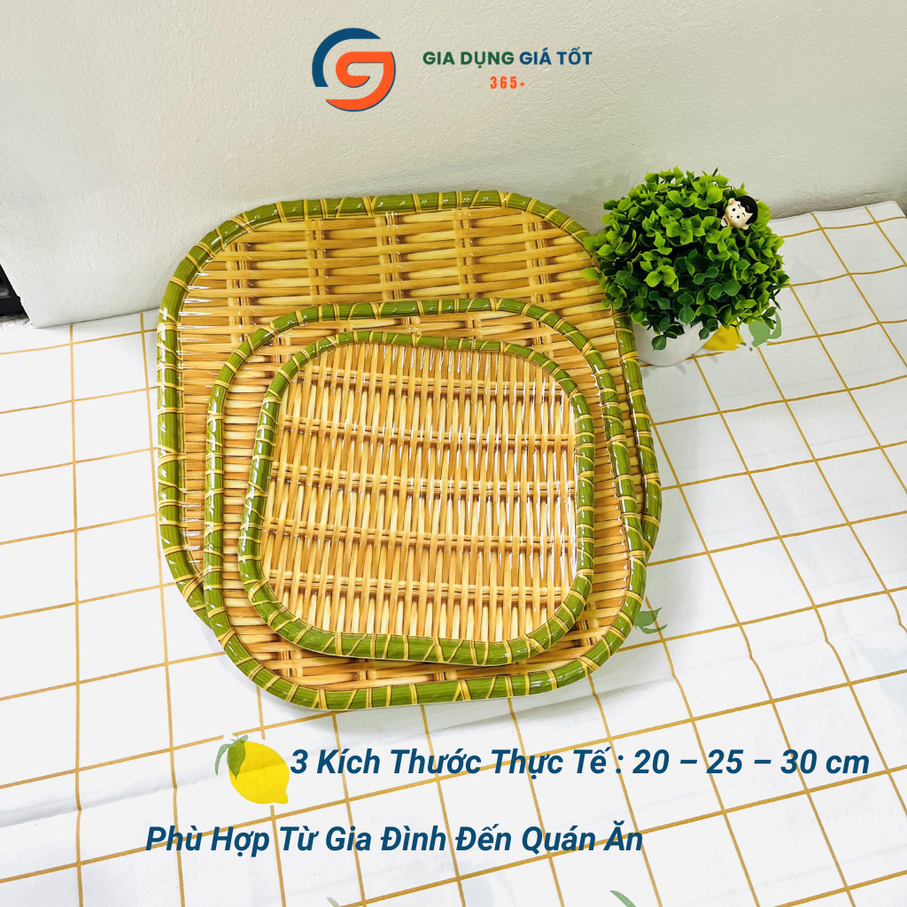 Mẹt nhựa giả mây tre đan, đĩa nhựa vuông đựng nem nướng, trái cây, đồ ăn vặt cho quán ăn và nhà hàng