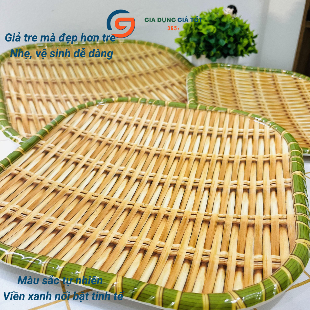 Mẹt nhựa giả mây tre đan, đĩa nhựa vuông đựng nem nướng, trái cây, đồ ăn vặt cho quán ăn và nhà hàng