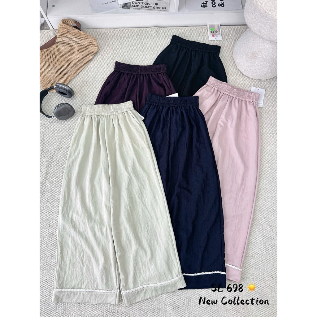 Quần Dài Nữ Dáng Suông Phối Viền Ren Nữ Tính Chất Vải Bò Mềm Mịn Mát Xuân Hè SANA CLOSET