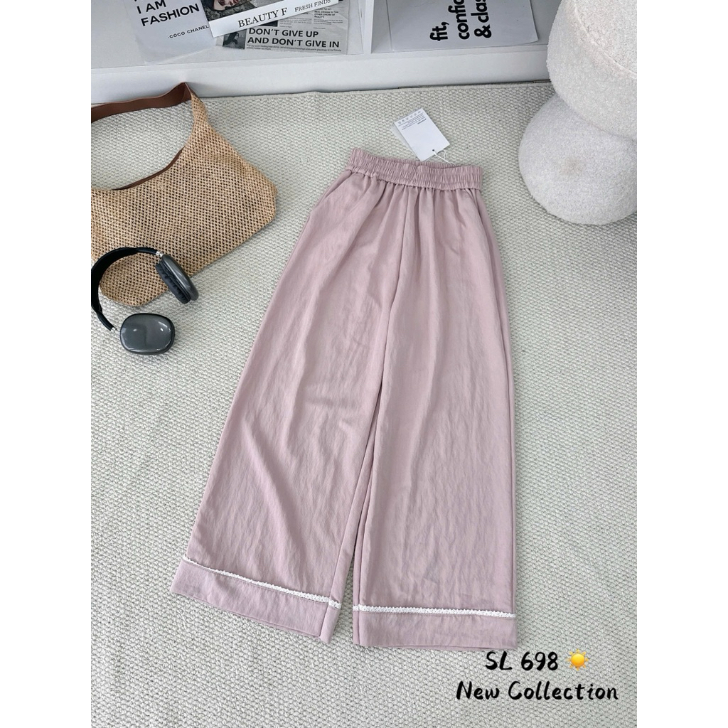 Quần Dài Nữ Dáng Suông Phối Viền Ren Nữ Tính Chất Vải Bò Mềm Mịn Mát Xuân Hè SANA CLOSET