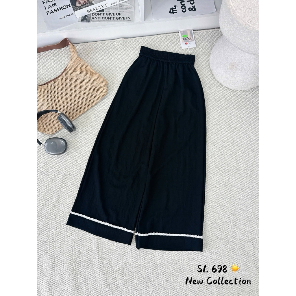 Quần Dài Nữ Dáng Suông Phối Viền Ren Nữ Tính Chất Vải Bò Mềm Mịn Mát Xuân Hè SANA CLOSET