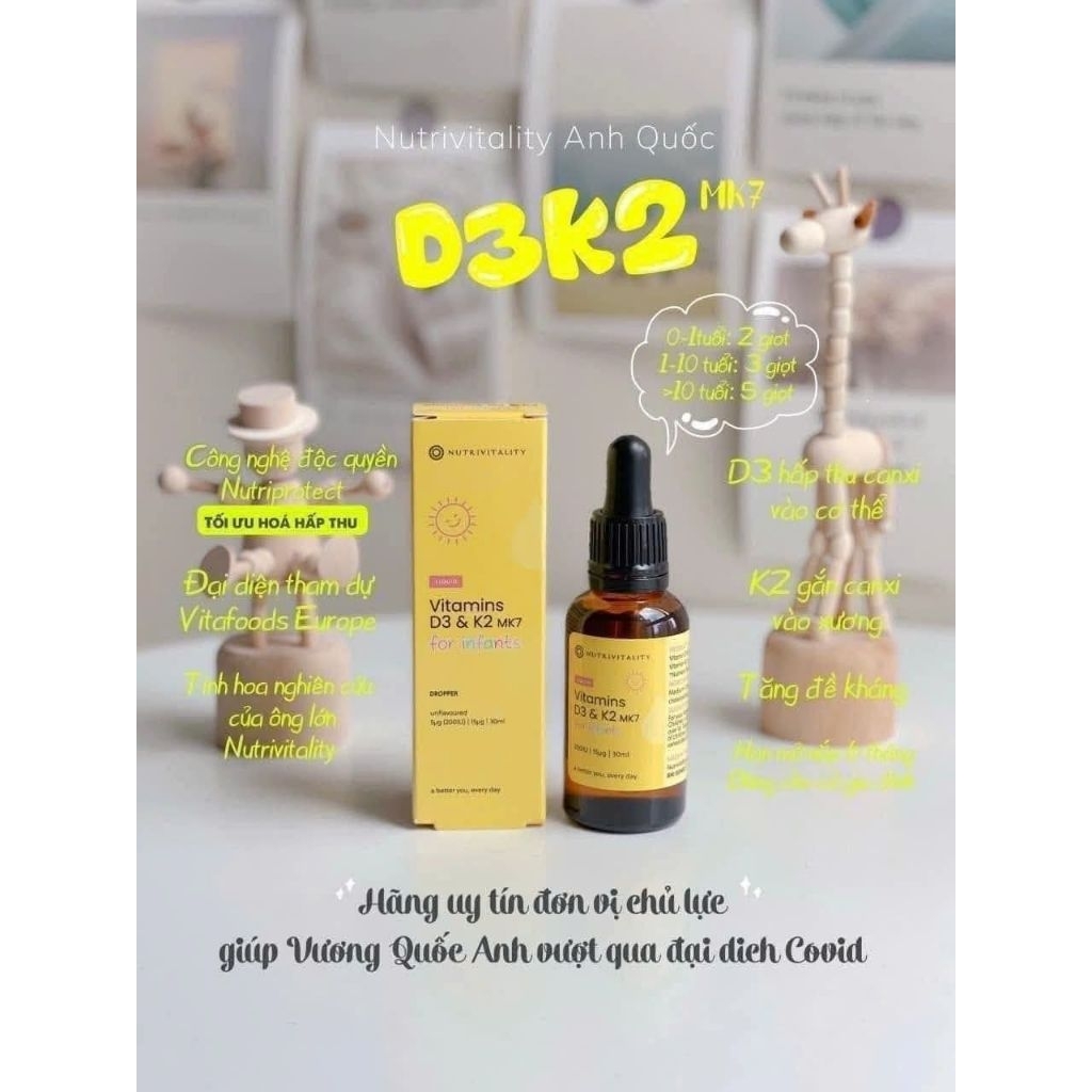 Vitamin D3 K2 MK7 nutrivitality Anh Quốc quốc dạng giọt, tăng chiều cao cho trẻ sơ sinh và cho bé