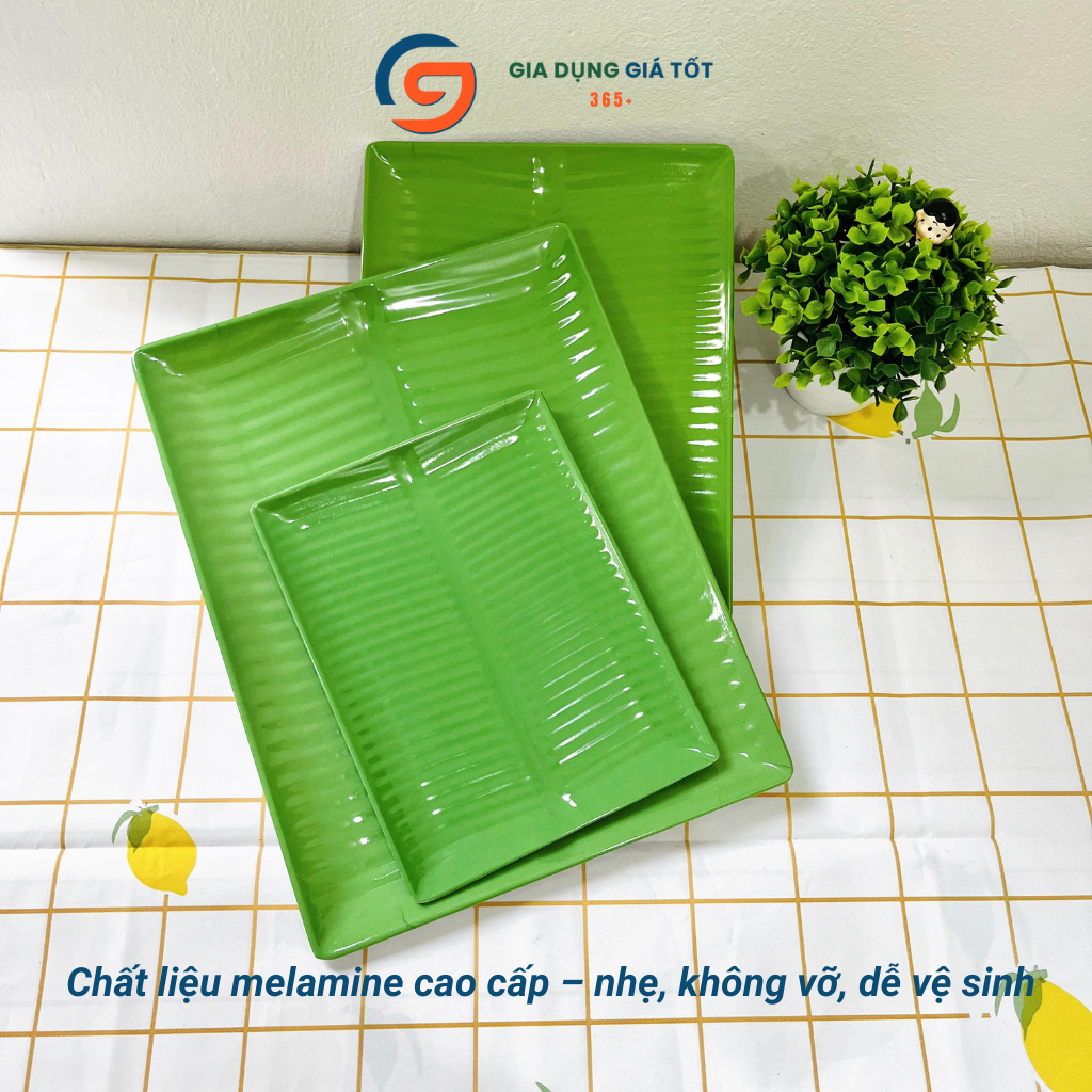 Đĩa nhựa melamine vân lá chuối hình chữ nhật, màu xanh dày đẹp đựng đồ ăn vặt, nem nướng