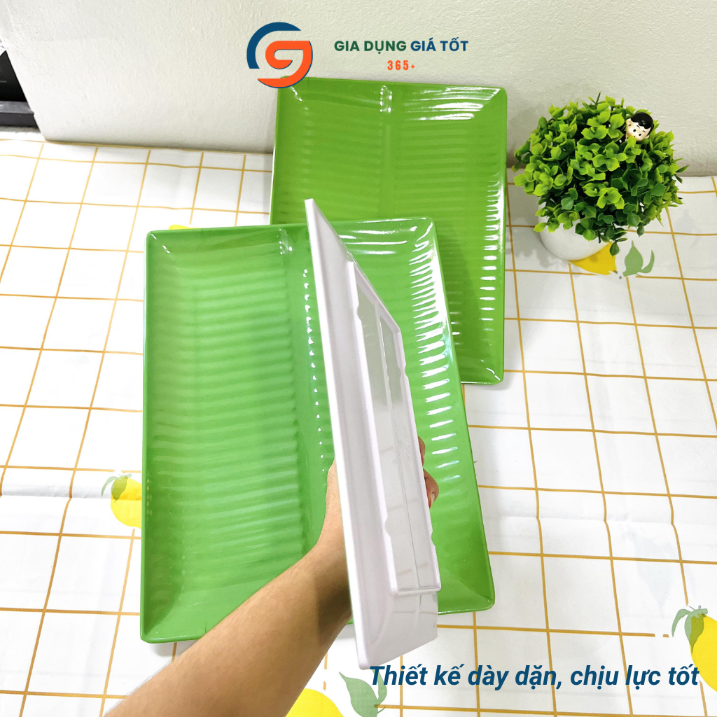 Đĩa nhựa melamine vân lá chuối hình chữ nhật, màu xanh dày đẹp đựng đồ ăn vặt, nem nướng