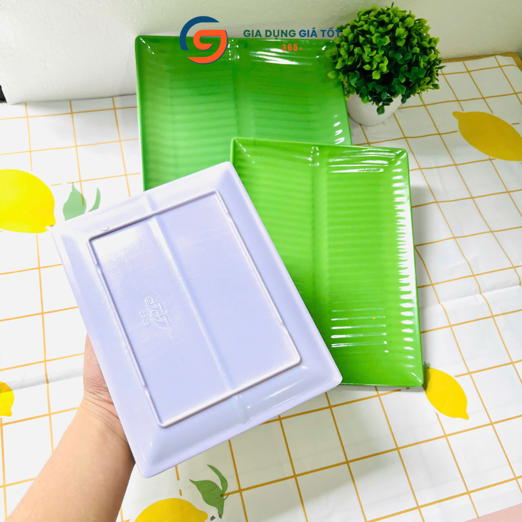 Đĩa nhựa melamine vân lá chuối hình chữ nhật, màu xanh dày đẹp đựng đồ ăn vặt, nem nướng