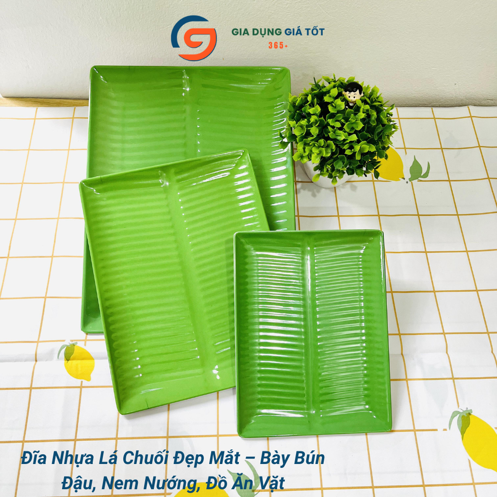 Đĩa nhựa melamine vân lá chuối hình chữ nhật, màu xanh dày đẹp đựng đồ ăn vặt, nem nướng