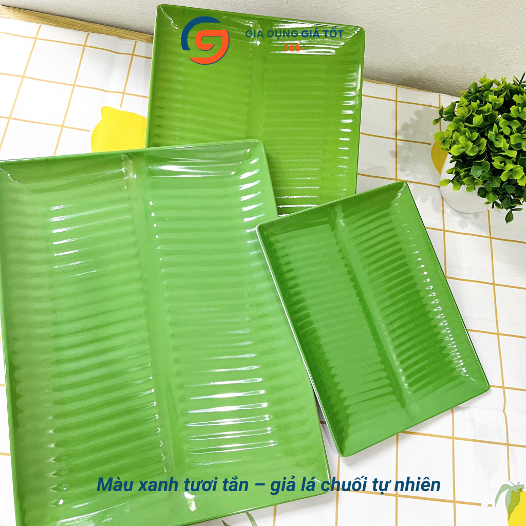Đĩa nhựa melamine vân lá chuối hình chữ nhật, màu xanh dày đẹp đựng đồ ăn vặt, nem nướng