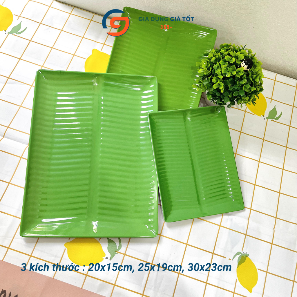 Đĩa nhựa melamine vân lá chuối hình chữ nhật, màu xanh dày đẹp đựng đồ ăn vặt, nem nướng