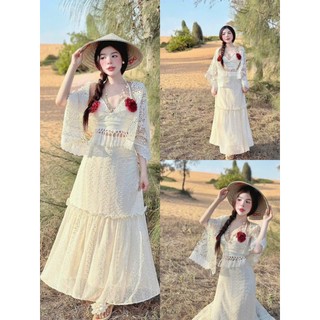 Set váy 3 món thời trang nữ dễ thương áo chất Ren 2 dây có đính hoa phối chân váy chất Đũi hột dáng maxi kèm khăn choàng