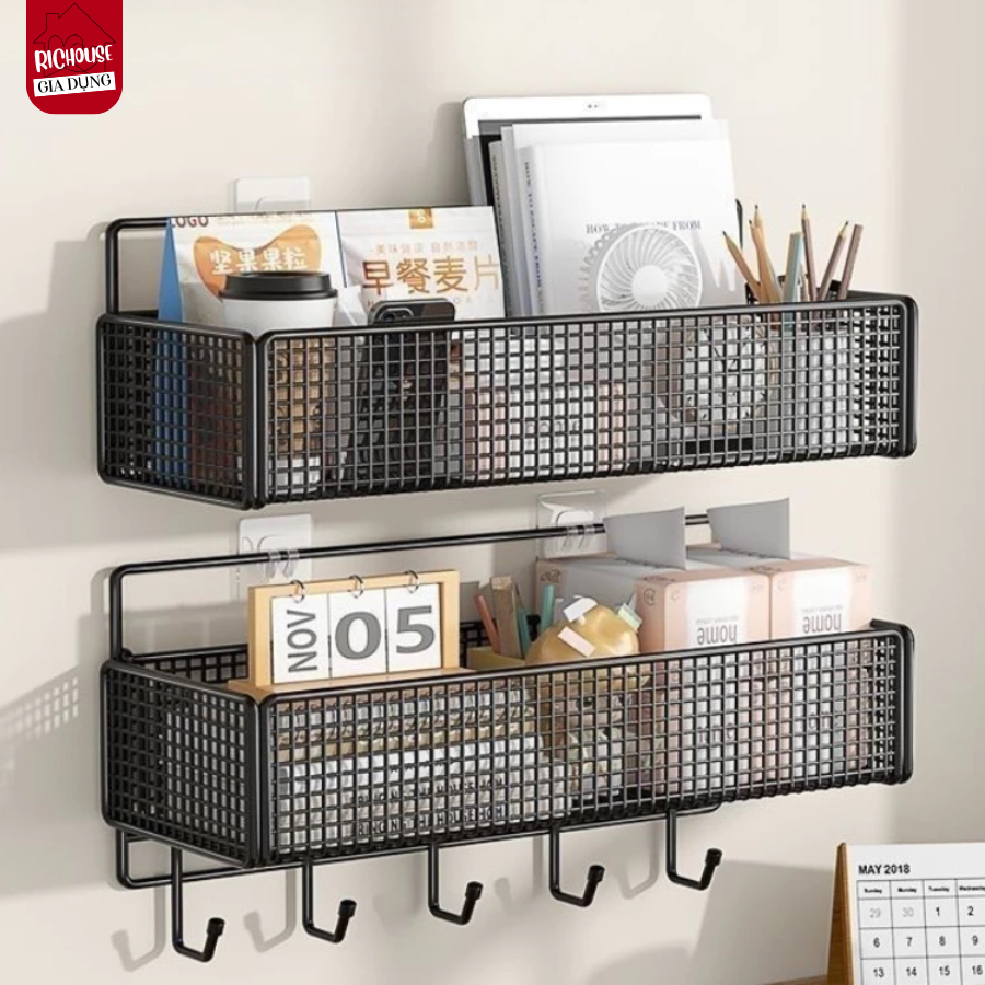 Kệ Lưới Sắt Dán Tường Để Đồ Đa Năng Cỡ Lớn, Giá Đựng Nhà Bếp, Nhà Tắm, Bàn Học Có Móc Treo