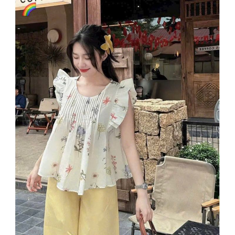 TG56- Sét bộ áo babydoll cánh tiên dập ly ngực hoa phối cùng quần dài ống suông rộng mát mẻ (40-56kg)
