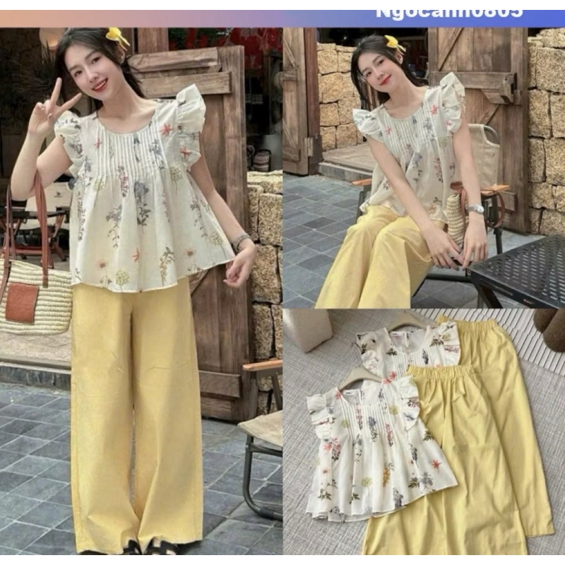 TG56- Sét bộ áo babydoll cánh tiên dập ly ngực hoa phối cùng quần dài ống suông rộng mát mẻ (40-56kg)